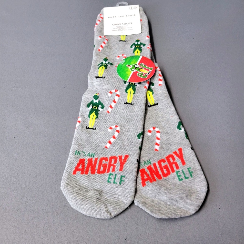 American Eagle Elf Movie Angry Elf Crew Socks Unisex One Size Gray NEW